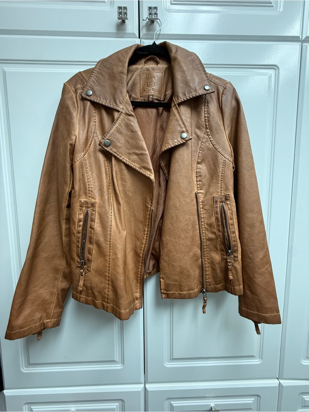 Max Studio Cognac Faux Leather Moto Jacket